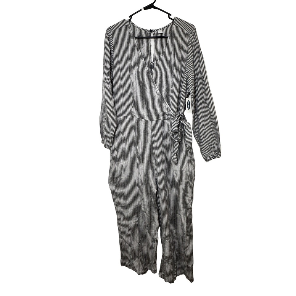 Old Navy Womens Striped Wide Leg Jumpsuit Large NWT Long Sleeve Tie Waist